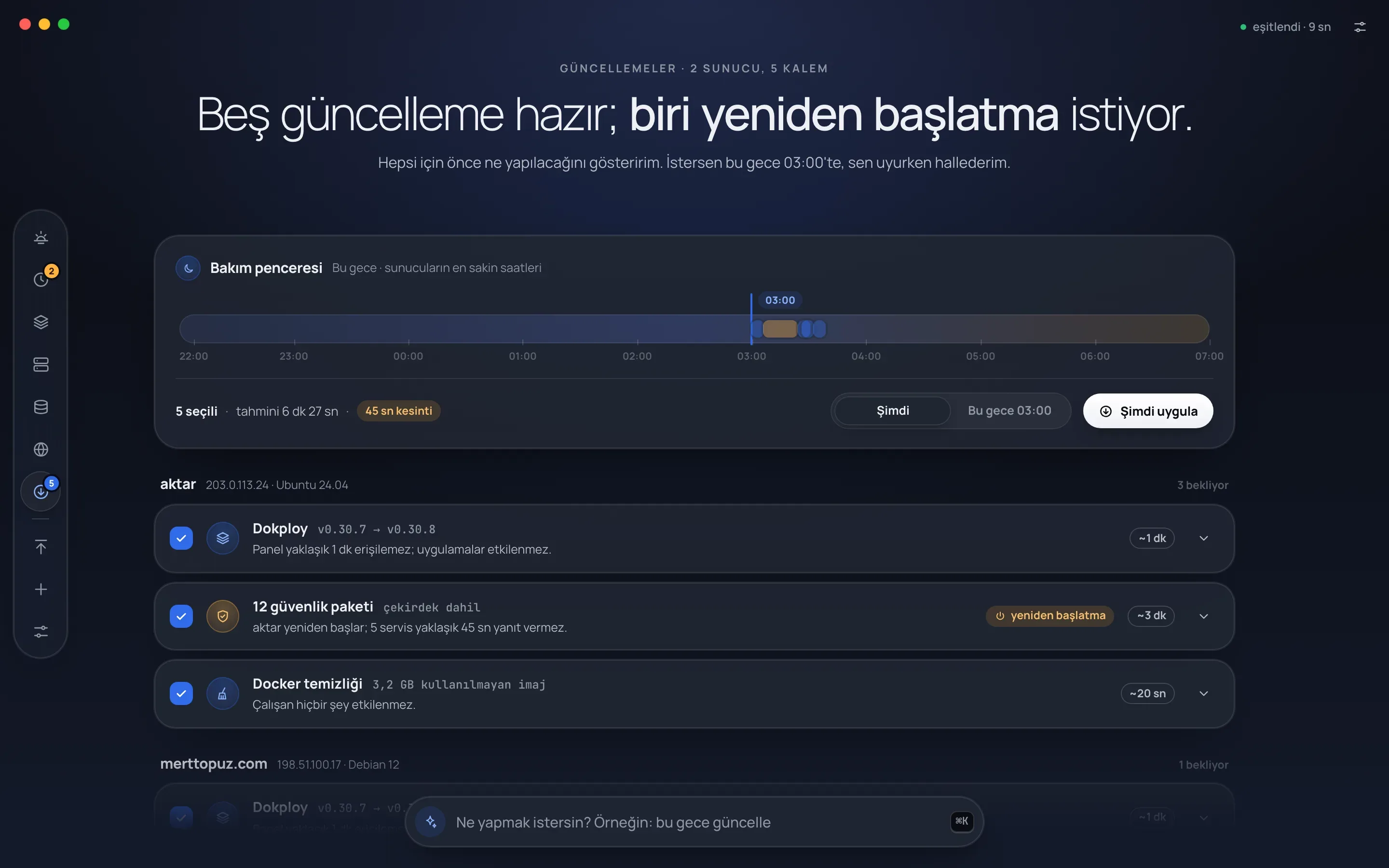 Kule'nin Güncellemeler ekranı: aktar sunucusunda bekleyen Dokploy sürümü, çekirdek dahil güvenlik paketleri ve Docker temizliği; her satırda etkisi, tahmini süresi ve yeniden başlatma gerekip gerekmediği.