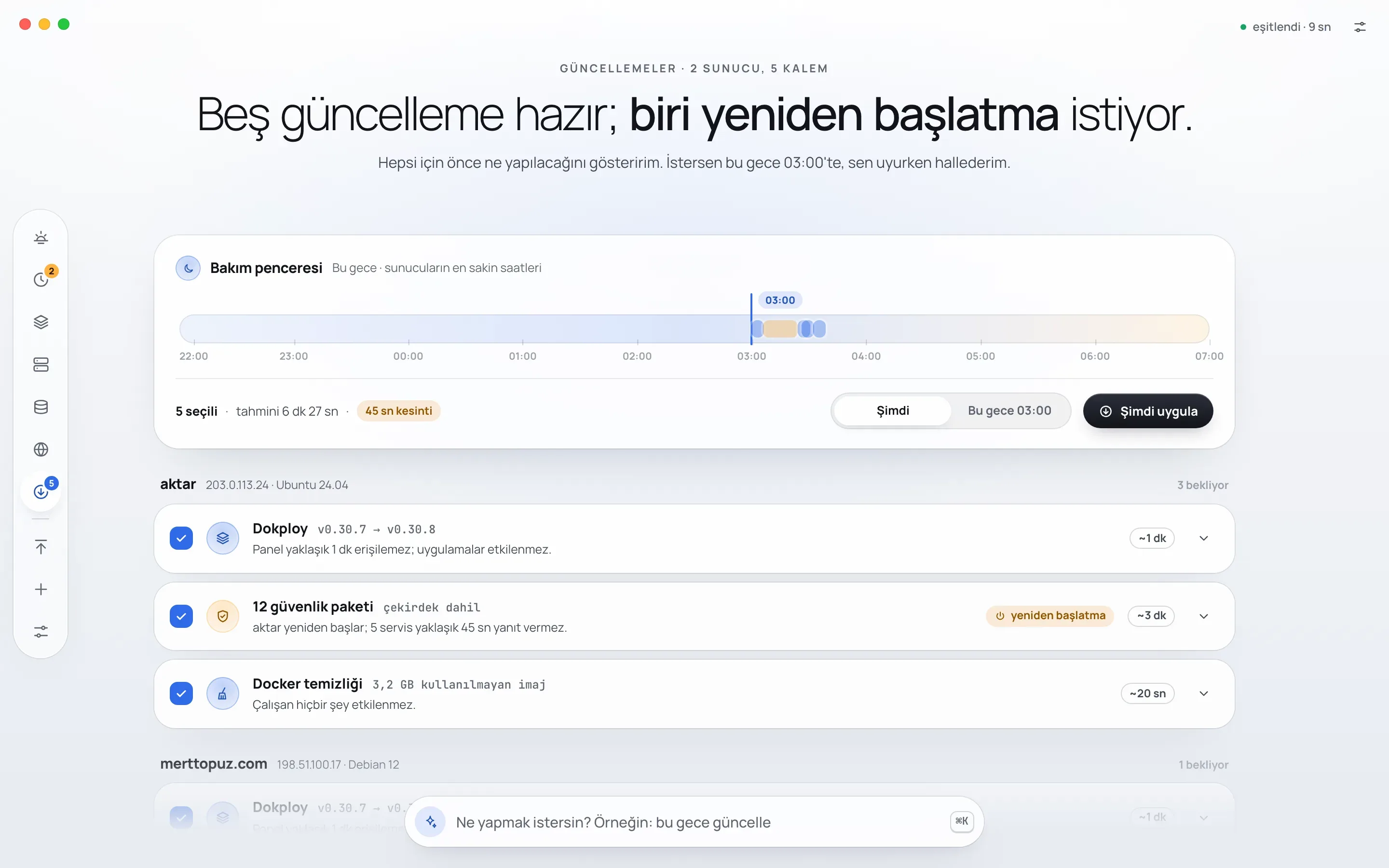 Kule'nin Güncellemeler ekranı: aktar sunucusunda bekleyen Dokploy sürümü, çekirdek dahil güvenlik paketleri ve Docker temizliği; her satırda etkisi, tahmini süresi ve yeniden başlatma gerekip gerekmediği.
