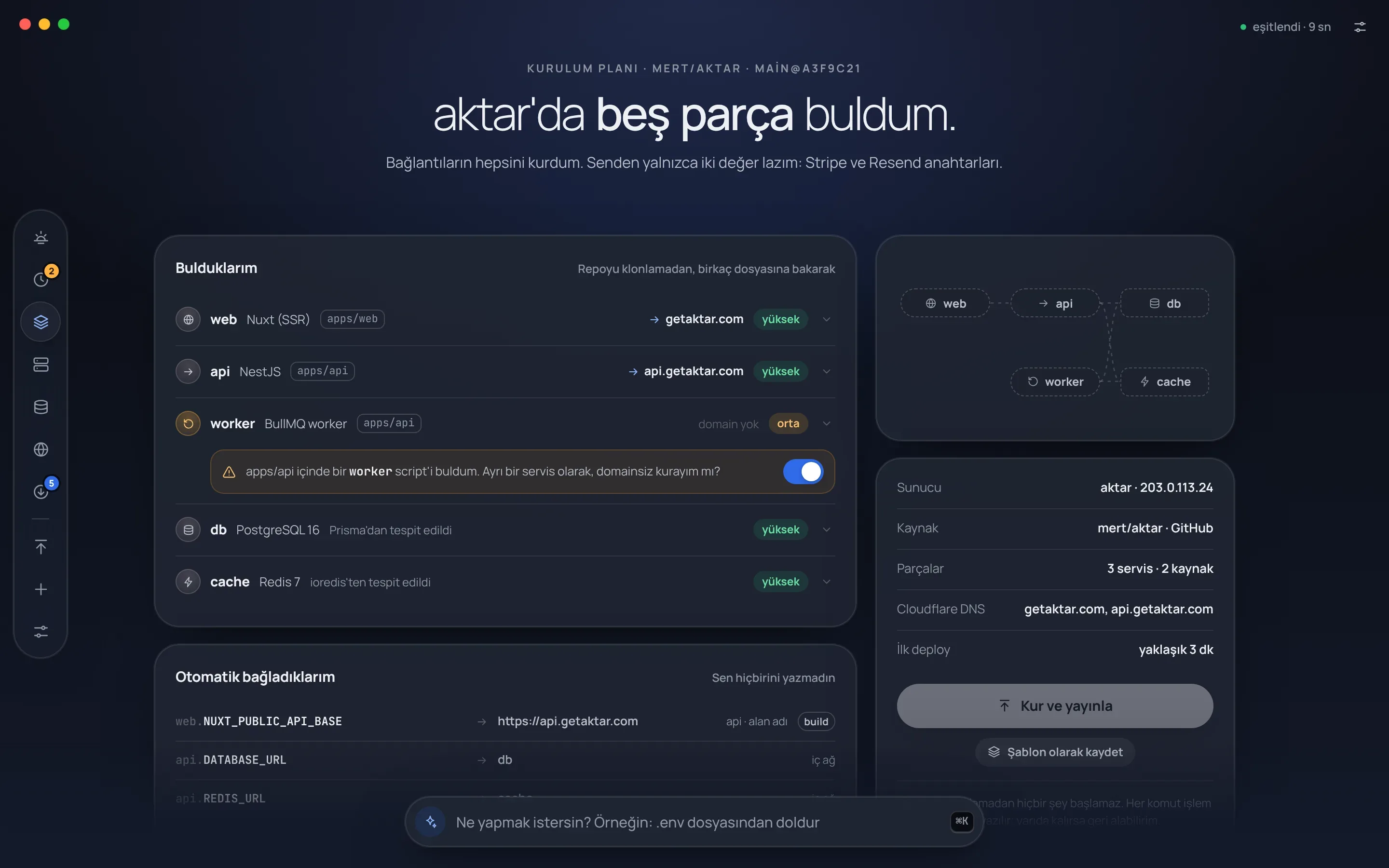 Kule'nin Kurulum planı ekranı: mert/aktar reposunda bulunan web, api, worker, db ve cache parçaları, worker için domainsiz kurulum sorusu, kendiliğinden bağlanan değişkenler ve aktar sunucusu için Kur ve yayınla düğmesi.