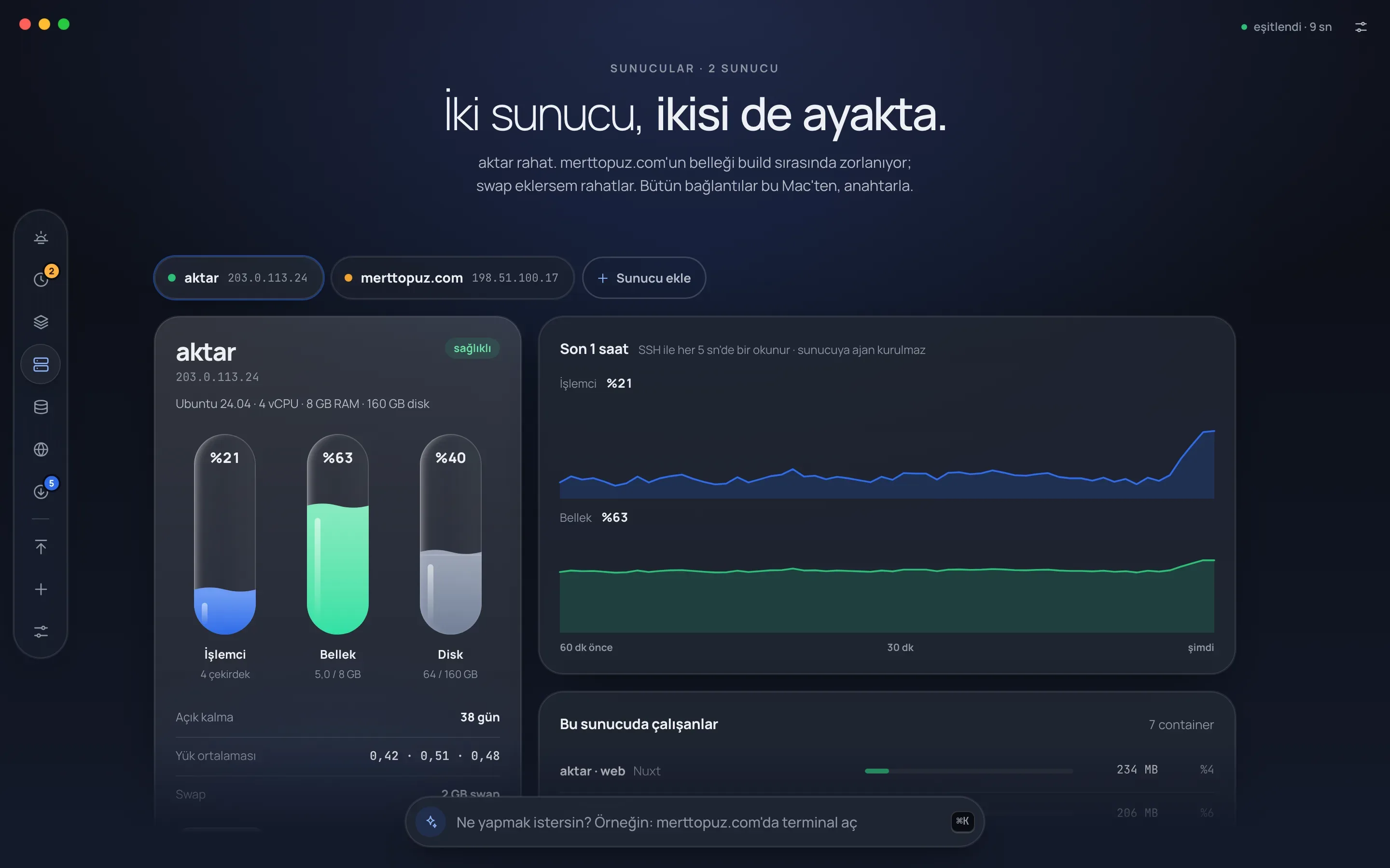 Kule'nin Sunucular ekranı: aktar sunucusunun işlemci, bellek ve disk göstergeleri, işlemci ve bellek grafikleri, açık kalma süresi, yük ortalaması ve sunucuda çalışan konteynerler.