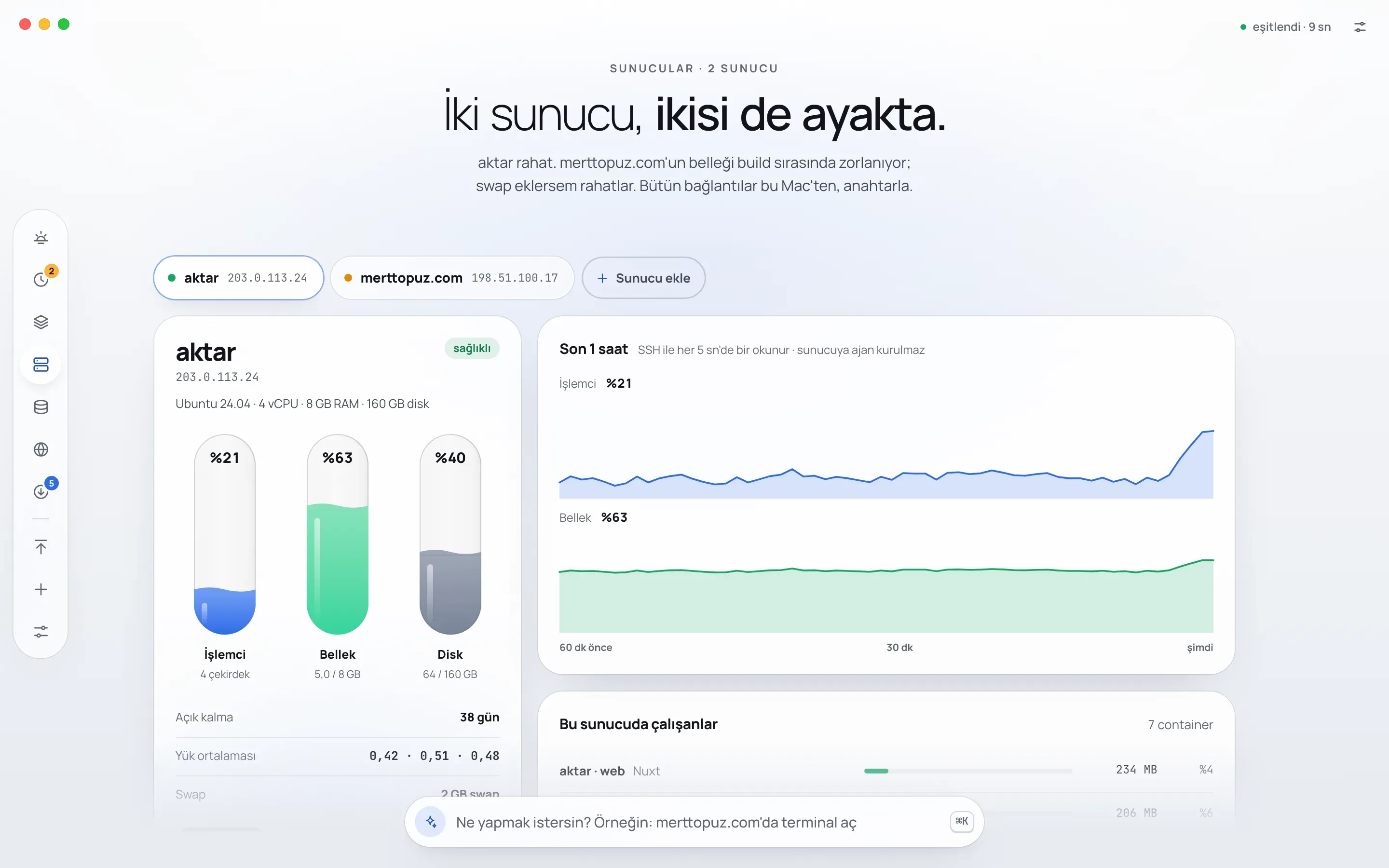 Kule'nin Sunucular ekranı: aktar sunucusunun işlemci, bellek ve disk göstergeleri, işlemci ve bellek grafikleri, açık kalma süresi, yük ortalaması ve sunucuda çalışan konteynerler.