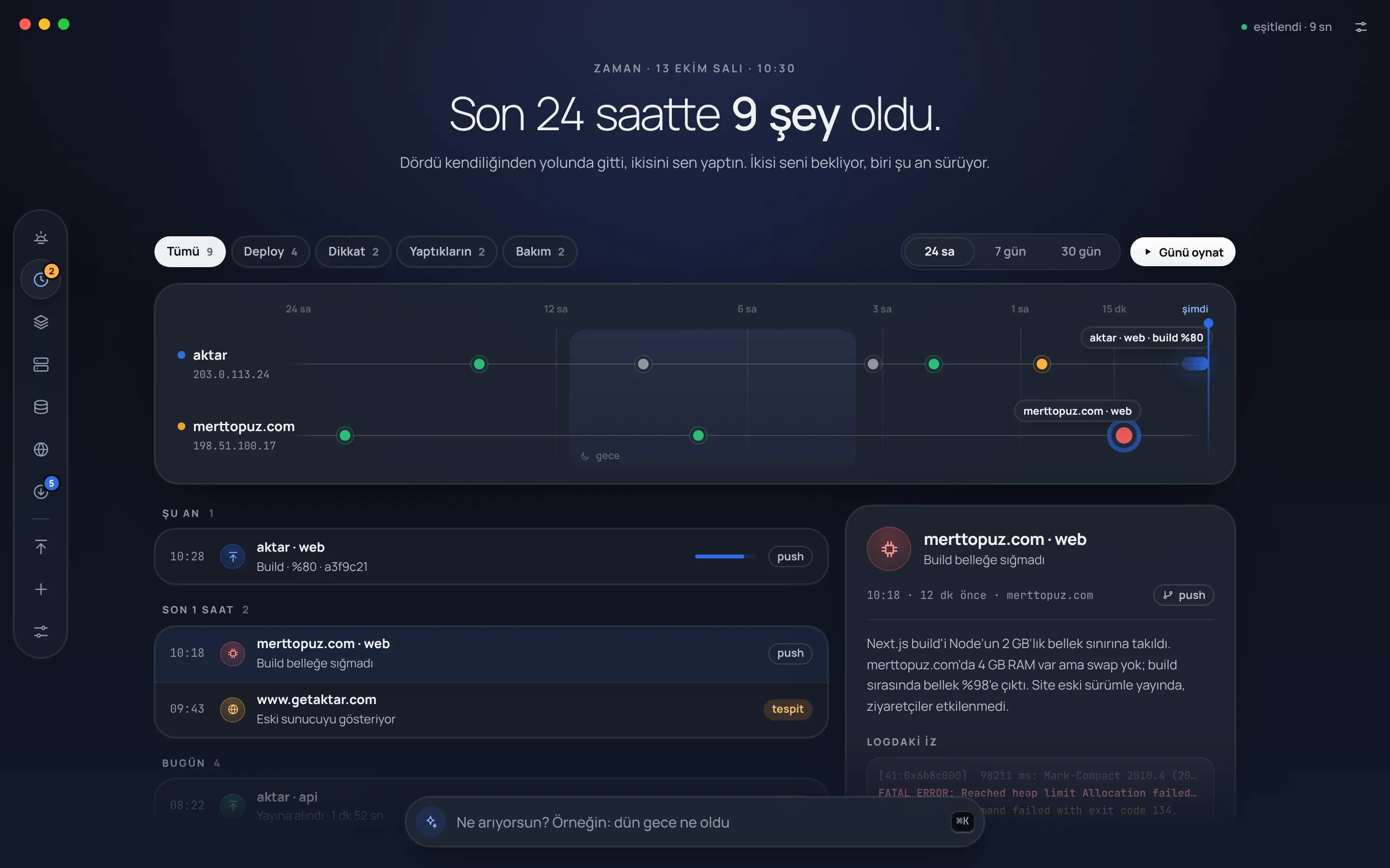 Kule'nin Son 24 saat ekranı: aktar ve merttopuz.com sunucuları için iki zaman şeridi, filtreler, süren aktar · web yayını ve seçili merttopuz.com · web olayının ayrıntısı.
