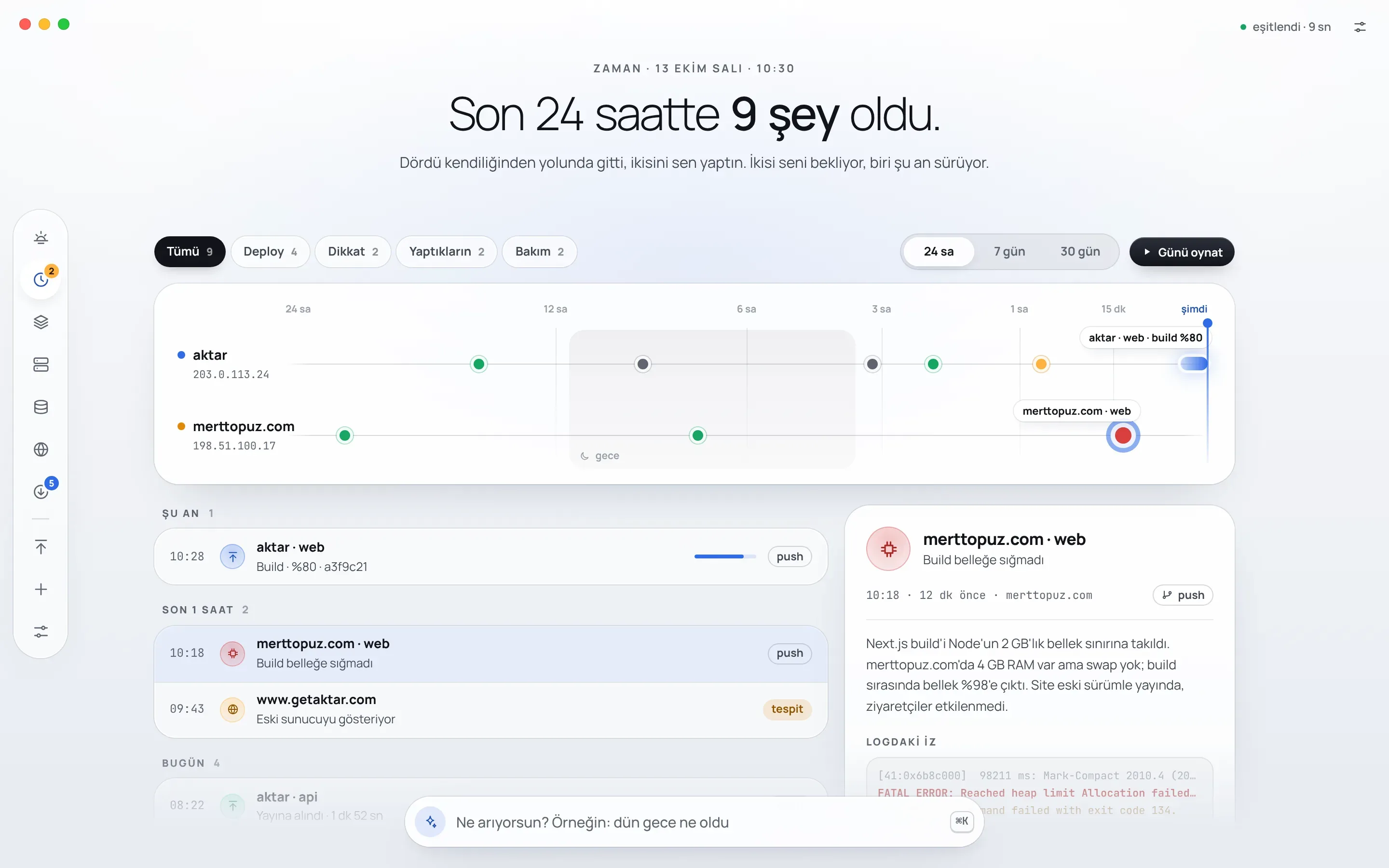 Kule'nin Son 24 saat ekranı: aktar ve merttopuz.com sunucuları için iki zaman şeridi, filtreler, süren aktar · web yayını ve seçili merttopuz.com · web olayının ayrıntısı.